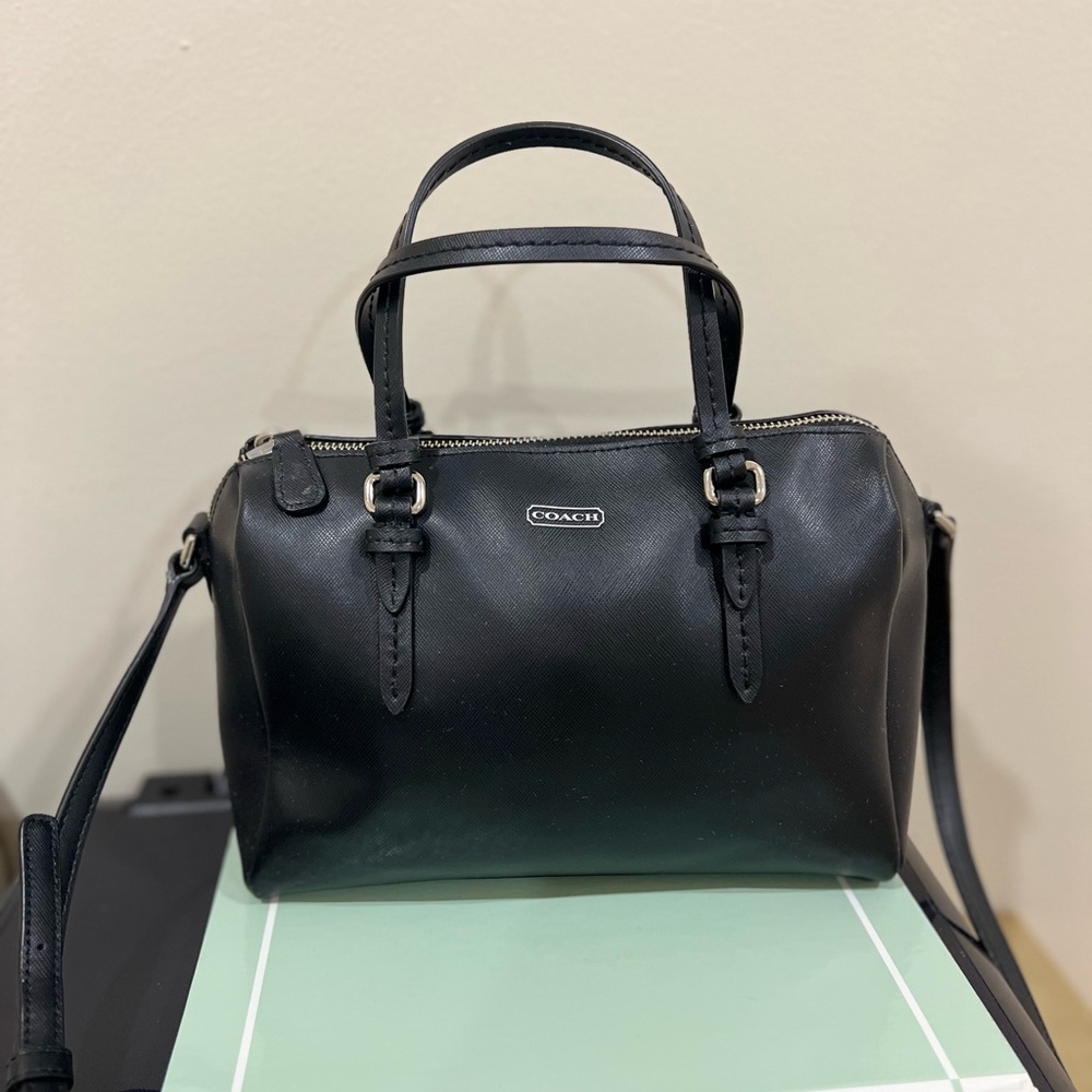 Coach Black Leather Mini Bowler with Strap crossbody Bag